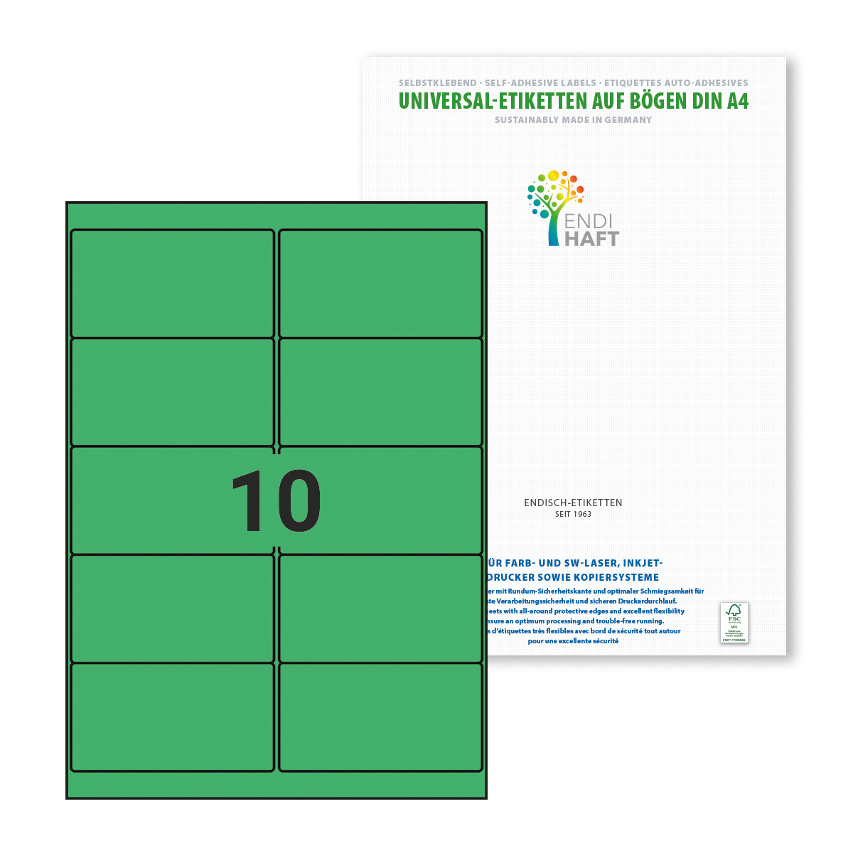 ENDI-HAFT Etiketten, 101,6x54 mm, grün, 500 Etiketten, 50 Blatt A4/Pack