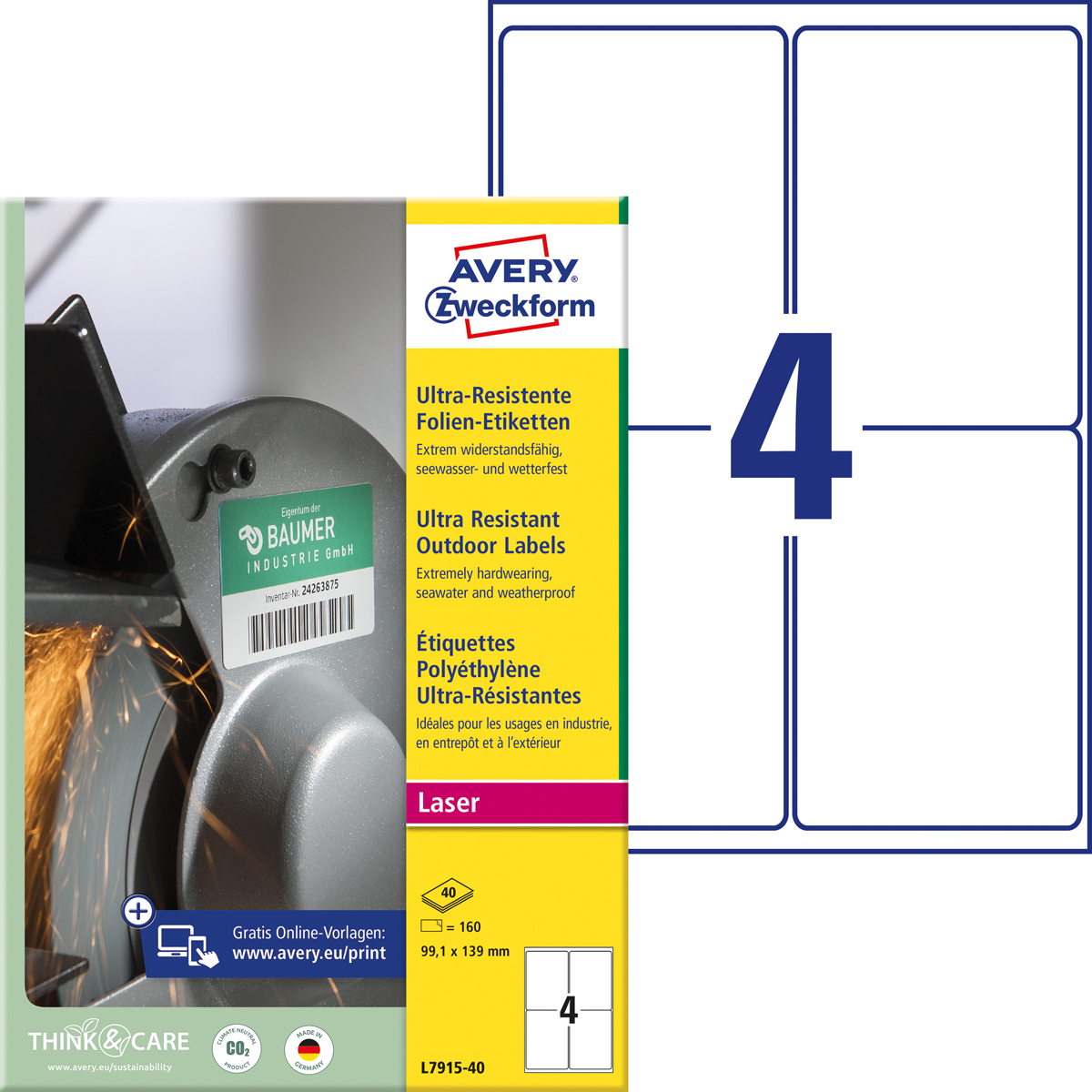 Avery Zweckform L7915-40 Ultra-Resistente, Folien-Etiketten, 99,1 x 139 mm, 40 Bogen/160