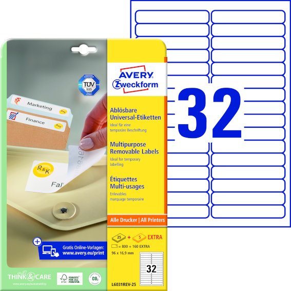 Avery Zweckform L6031REV-25 Universal-Etiketten,, 96 x 16,9 mm, 30 Bogen/960 Etiketten, weiß