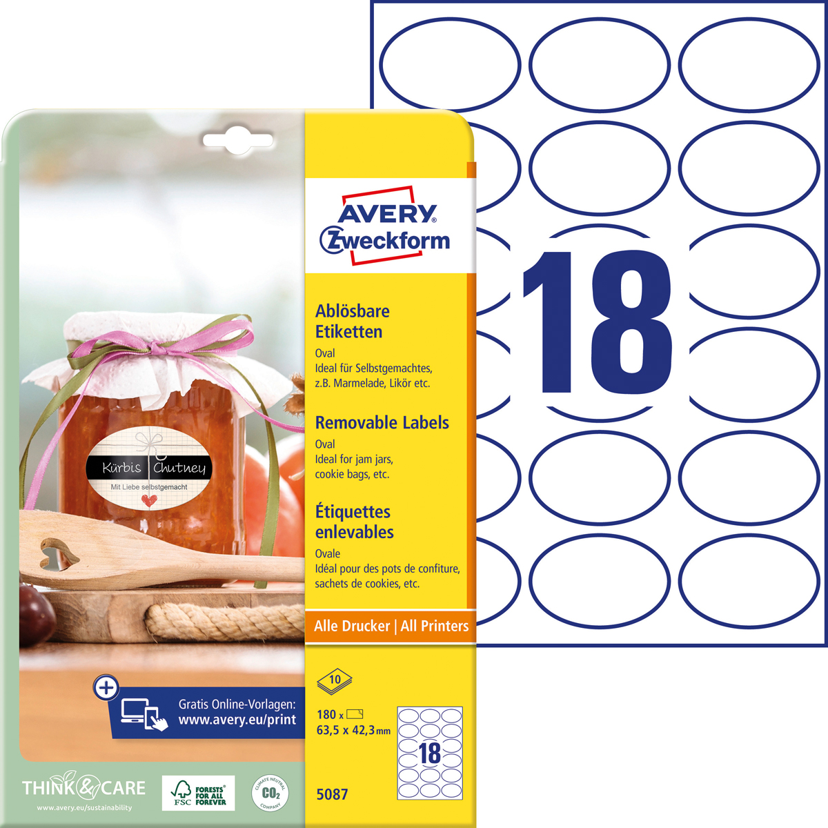 Avery Zweckform Flaschenetiketten, oval, 63,5 x 42,3 mm, 10 Bogen/180 Etiketten, weiß