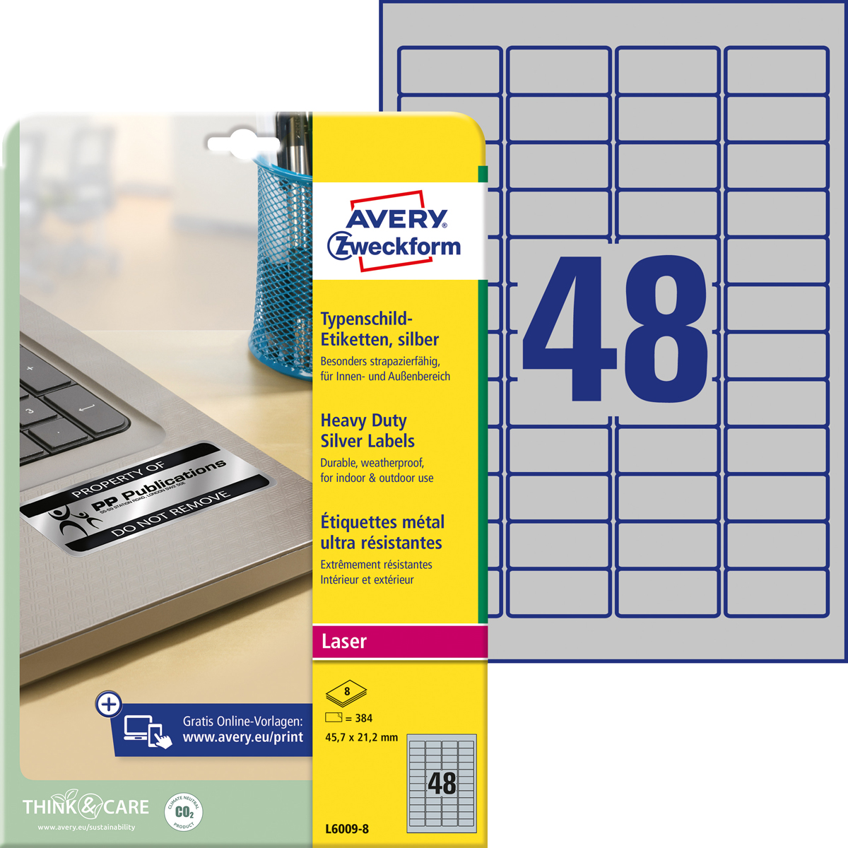 Avery Zweckform L6009-8 Typenschild-Etiketten,, 45,7 x 21,2 mm, 8 Blatt/384 Etiketten, silber