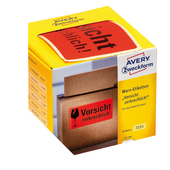 Avery Zweckform 7211 Warnetiketten, 100 x 50 mm,, Aufdruck "Vorsicht zerbrechlich!", 1 Rolle/200