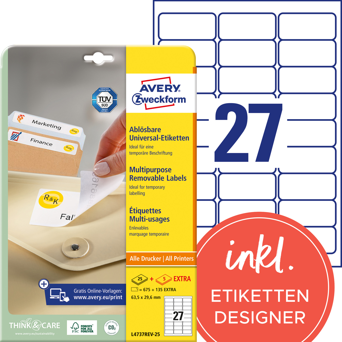 Avery Zweckform L4737REV-25 Universal-Etiketten, 63,5 x 29,6 mm, 30 Bogen/810 Etiketten, weiß