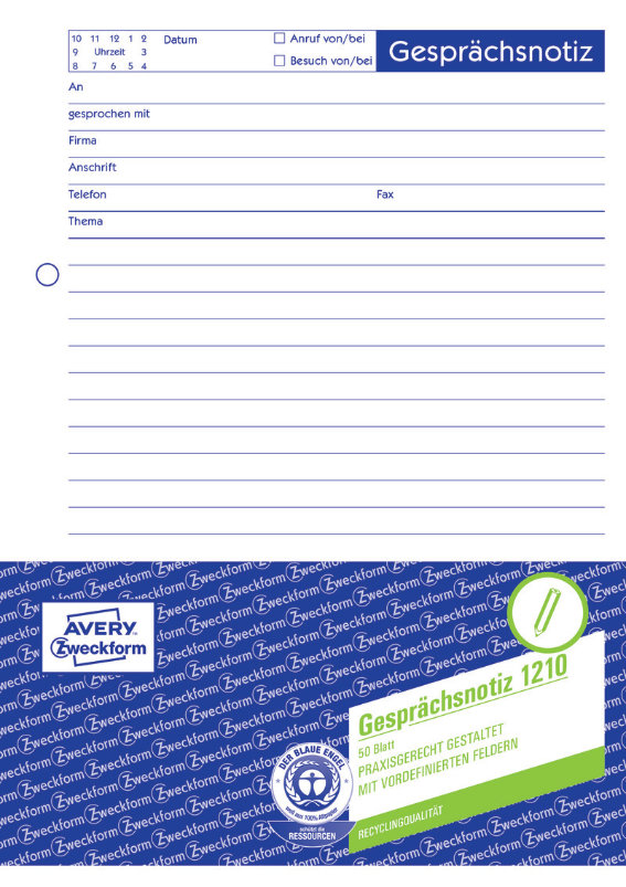Avery Zweckform 1210 Gesprächsnotiz, A5, Recycling-Papier, 50 Blatt