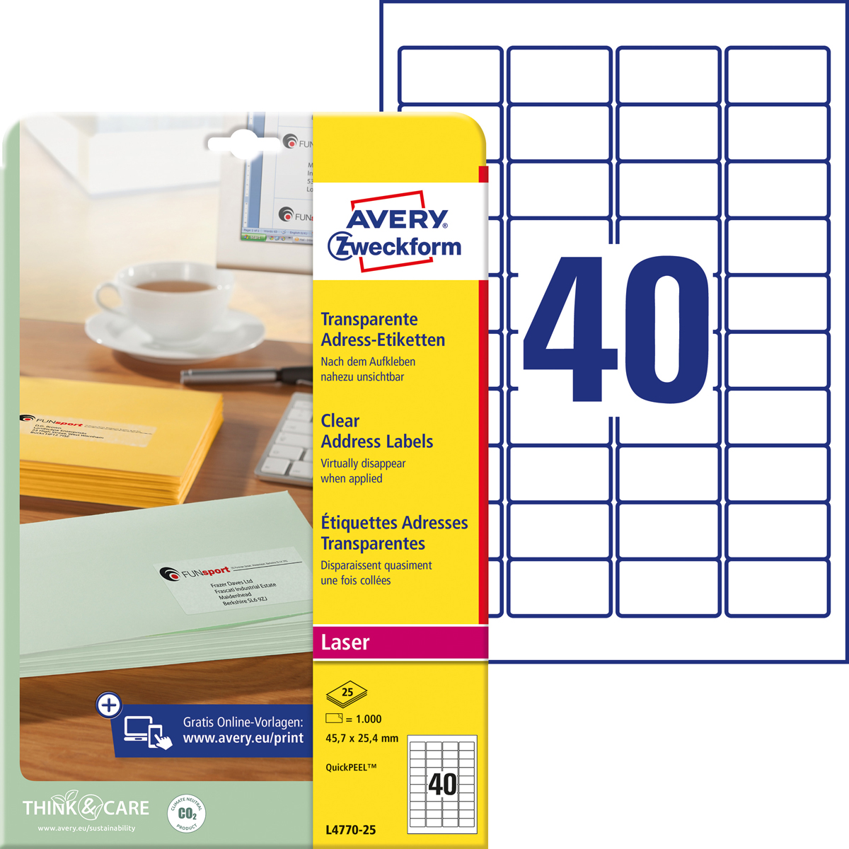 Avery Zweckform L4770-25 Adress-Etiketten,, 45,7 x 25,4 mm, 25 Bogen/1.000 Etiketten, transpar