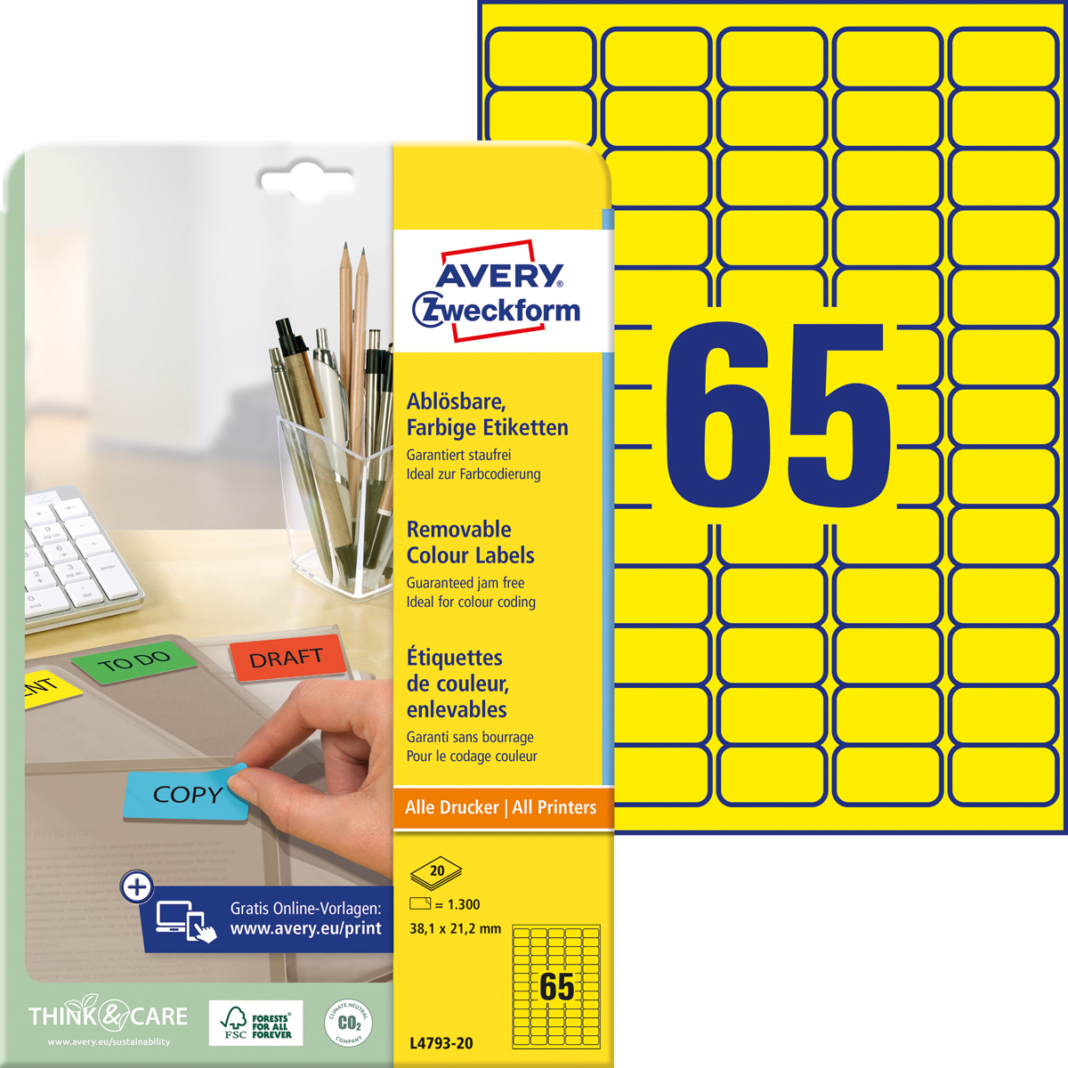 Avery Zweckform L4793-20 Farbige Etiketten, 38,1, x 21,2 mm, 20 Bogen/1.300 Etiketten, gelb