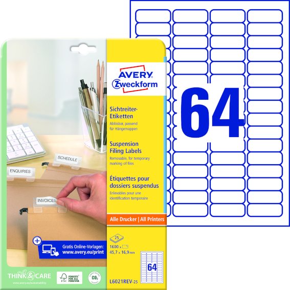 Avery Zweckform L6021REV-25 Sichtreiter-Etiketten, , 45,7 x 16,9 mm, 25 Bogen/1.600 Etiketten, weiß