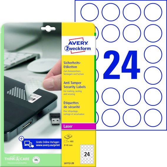 Avery Zweckform L6112-20 Sicherheits-Etiketten, Ø, 40 mm, 20 Bogen/480 Etiketten, weiß