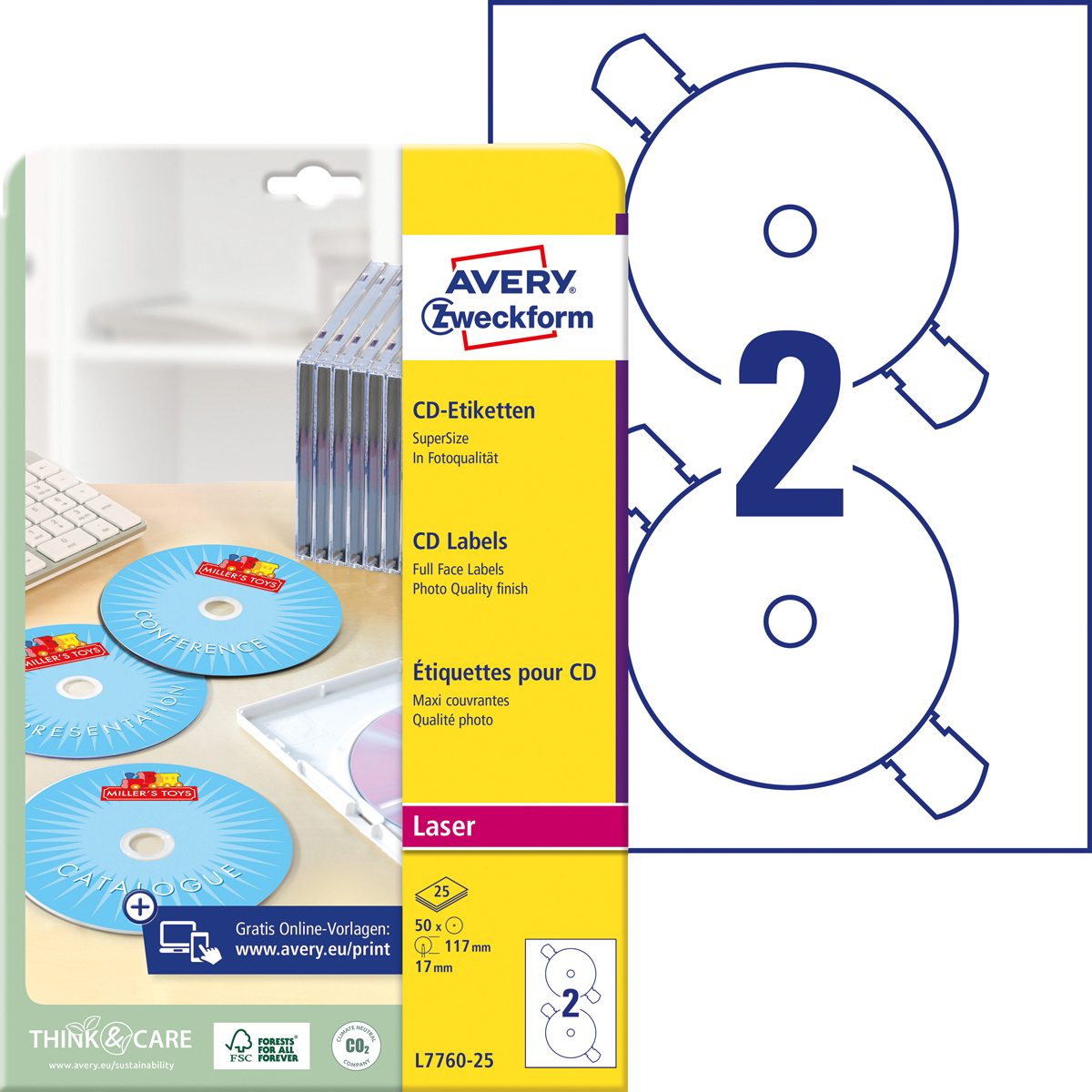 Avery Zweckform L7760-25 CD-Etiketten SuperSize,, Ø 117 mm, CDs, 25 Bogen/50 Etiketten, weiß