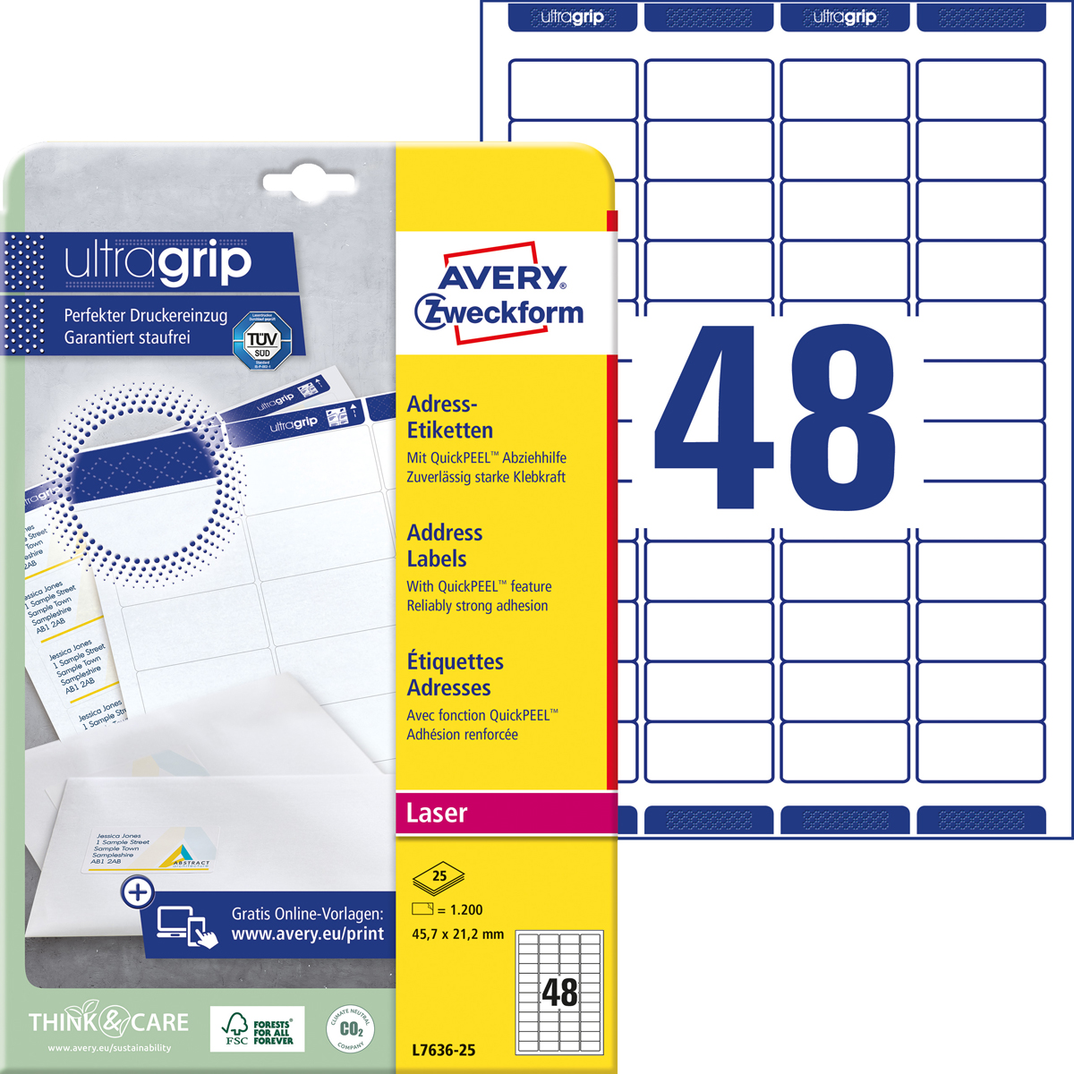 Avery Zweckform L7636-25 Adress-Etiketten, 45,7 x, 21,2 mm, 1.200 Etiketten / 25 Bogen, weiß
