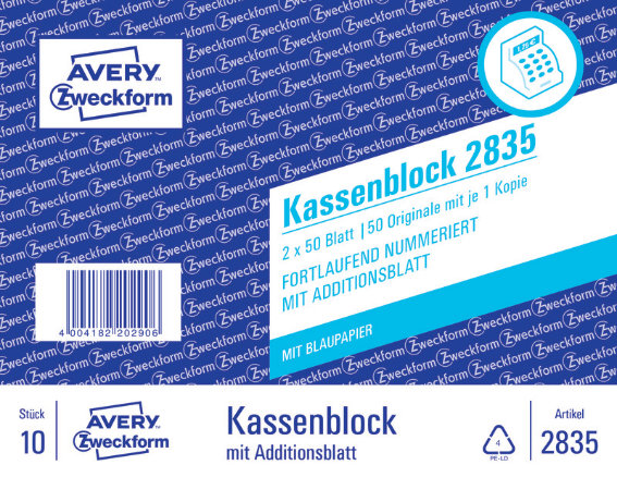 Avery Zweckform 2835 Kassenblock, fortlaufend, nummeriert, A6, mit Blaupapier, 2x50 Blatt