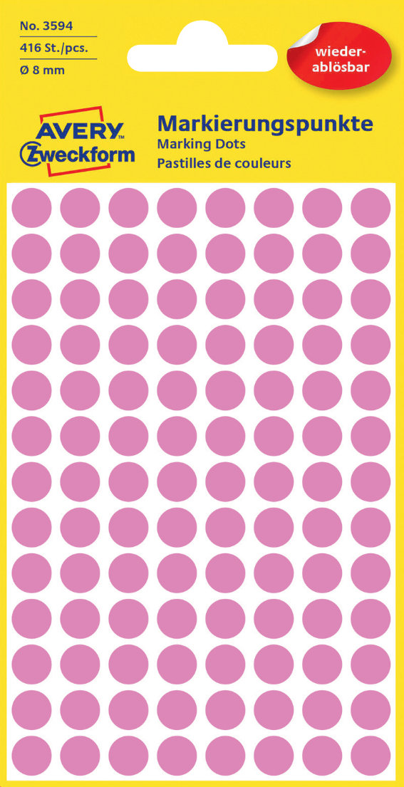 Avery Zweckform 3594 Markierungspunkte, Ø 18 mm,, 4 Bogen/416 Etiketten, pink