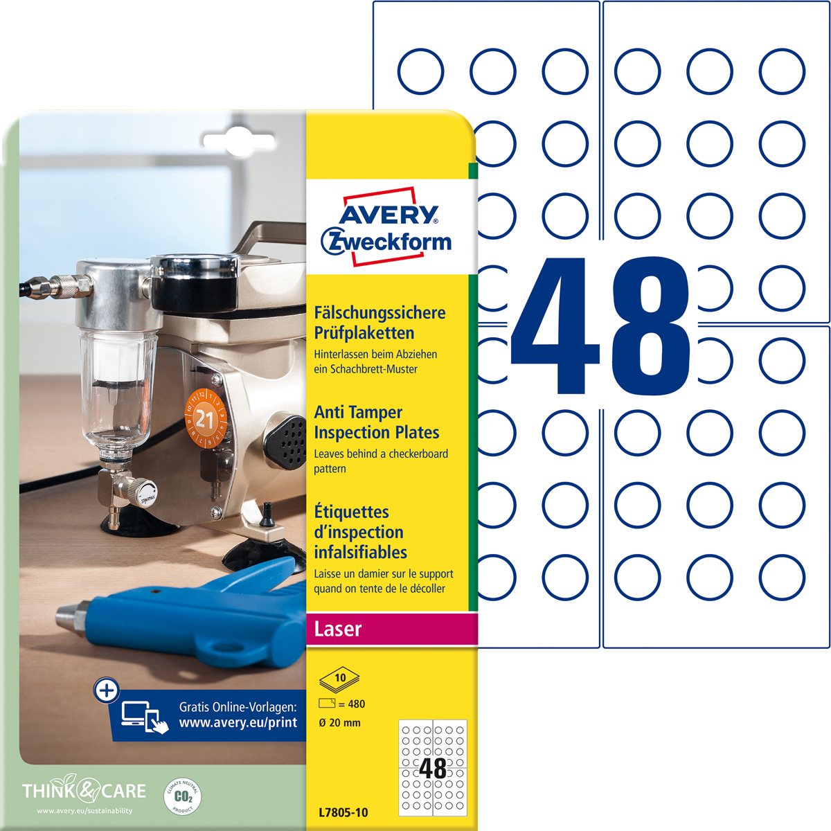 Avery Zweckform L7805-10 Prüfplaketten, Ø 20 mm,, 10 Bogen/480 Etiketten, weiß