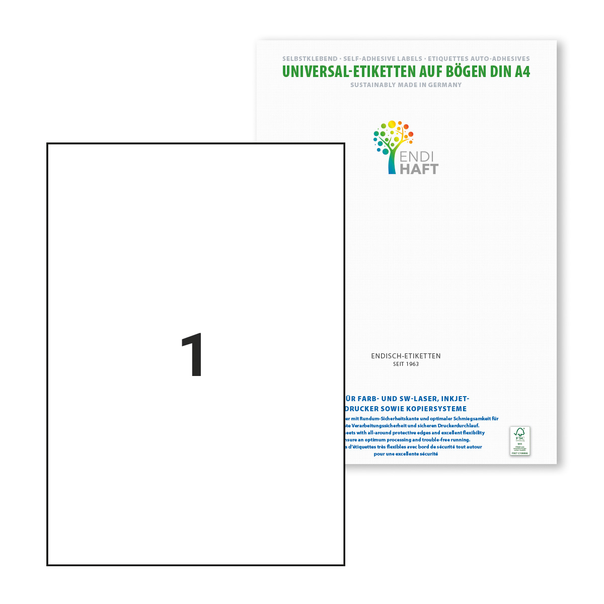 ENDI-HAFT Etiketten, 210x297 mm, weiß, 100 Etiketten, 100 Blatt A4/Pack