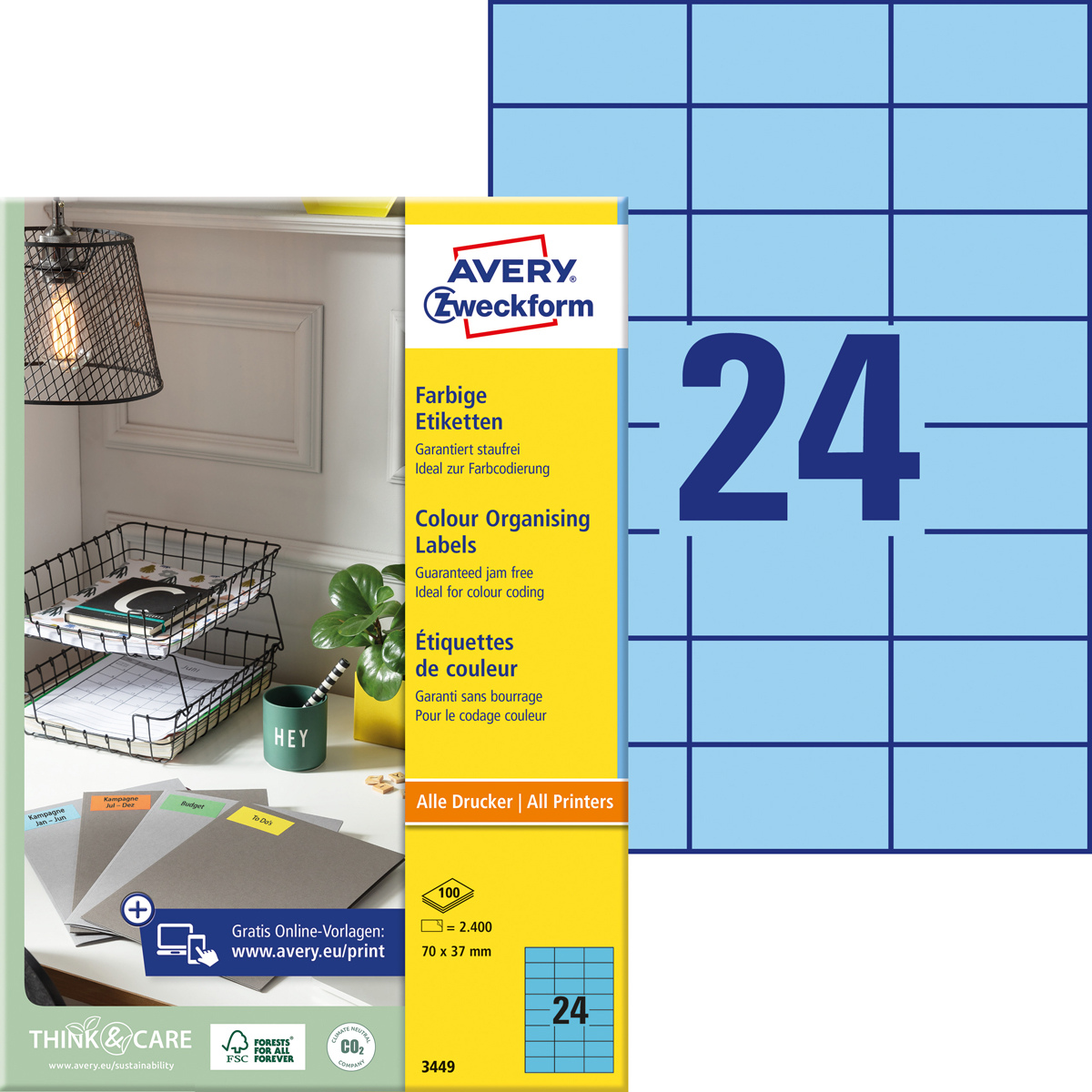 Avery Zweckform 3449 Farbige Etiketten, 70 x 37, mm, 100 Bogen/2.400 Etiketten, blau