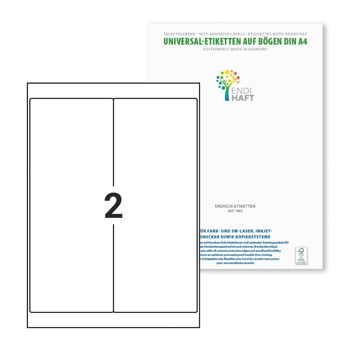 ENDI-HAFT Etiketten, 102x260 mm, weiß glänzend, 100 Etiketten, 50 Blatt A4/Pack