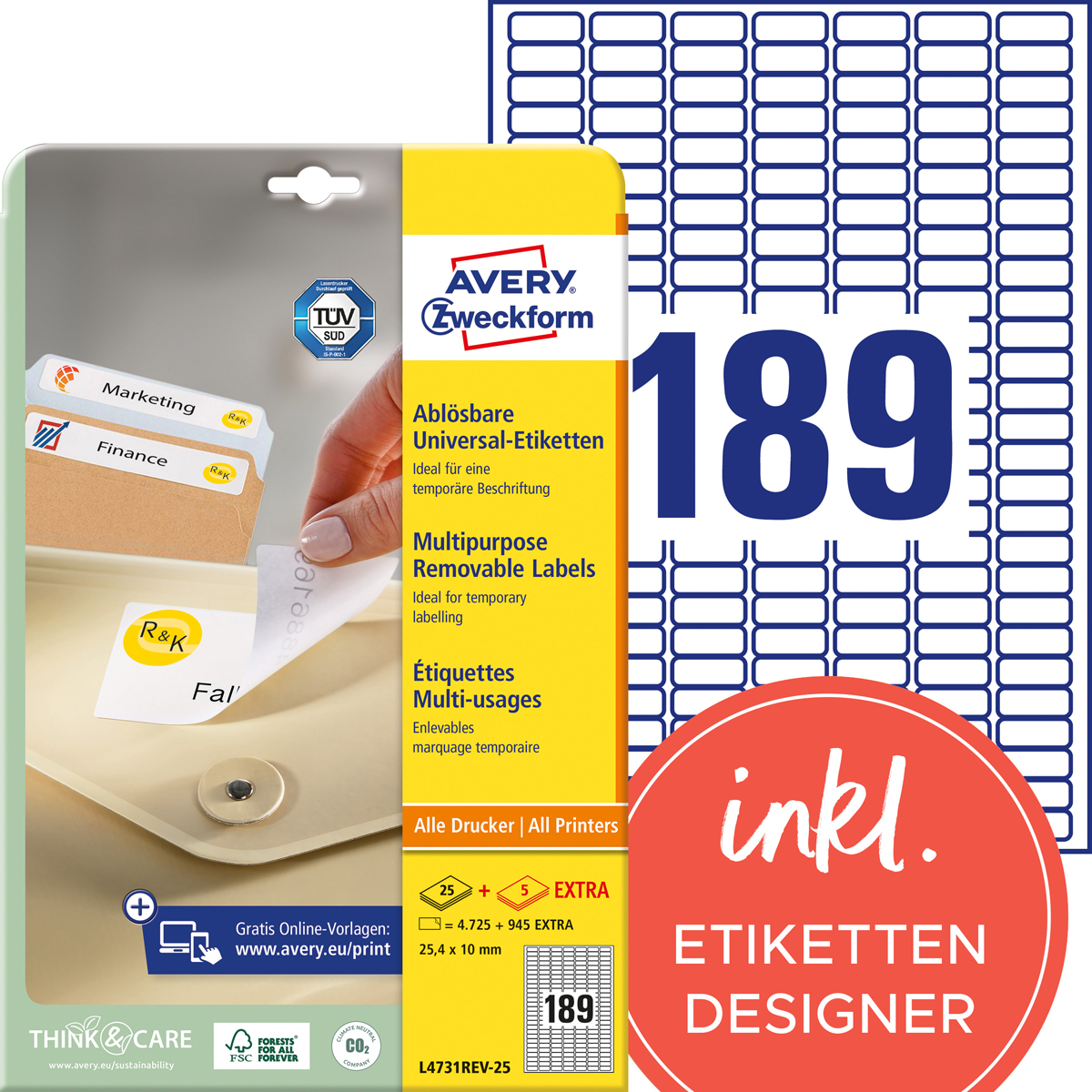 Avery Zweckform L4731REV-25 Universal-Etiketten, 25,4 x 10 mm, 30 Bogen/5.670 Etiketten, weiß