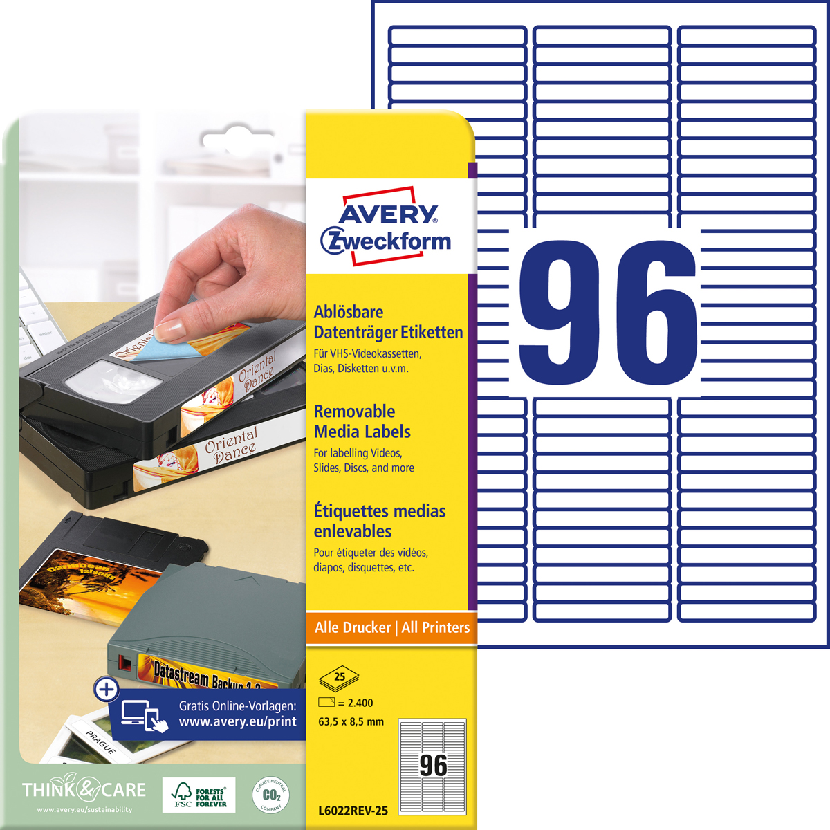 Avery Zweckform L6022REV-25 Etiketten für Data, Cartridge, 63,5 x 8,5 mm, 25 Bogen/2.400