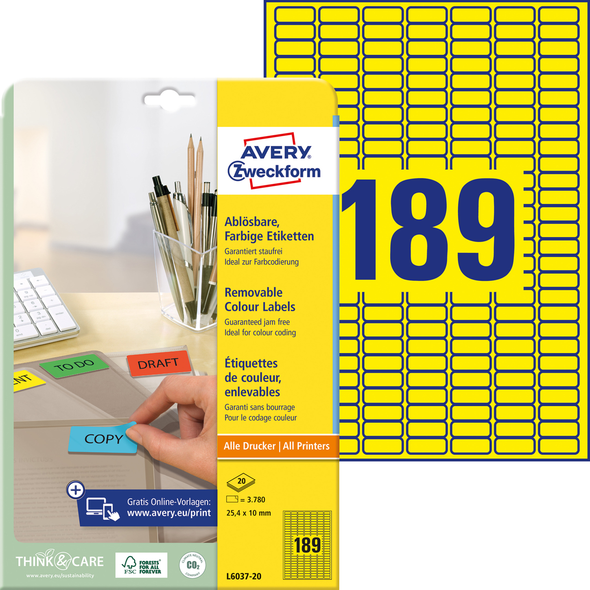 Avery Zweckform L6037-20 Farbige Etiketten, 25,4, x 10 mm, 20 Bogen/3.780 Etiketten, gelb