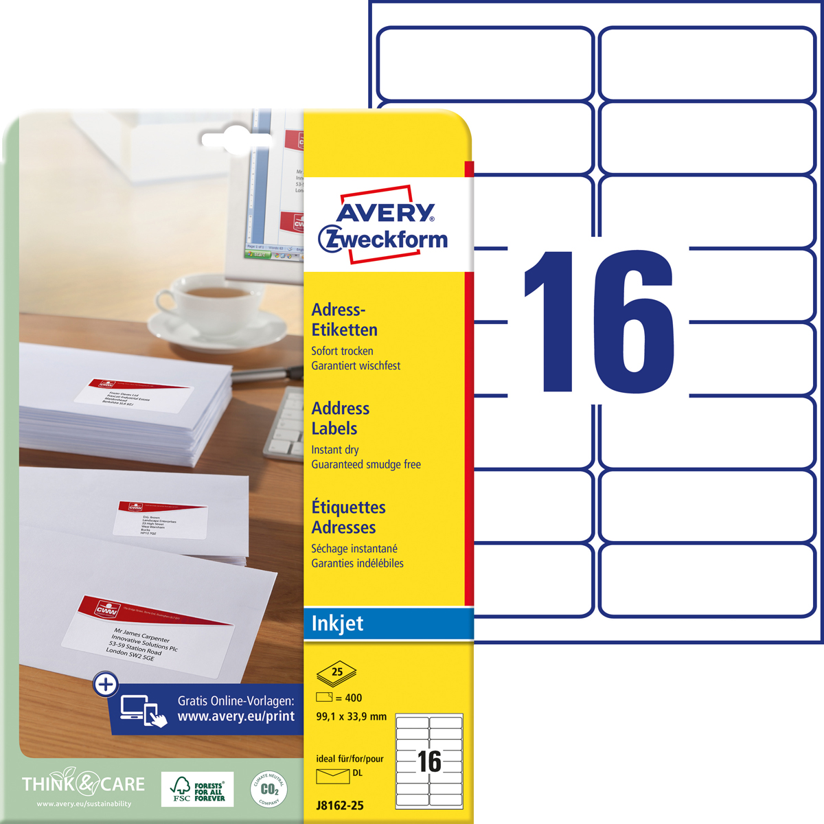 Avery Zweckform J8162-25 Adress-Etiketten, 99,1 x, 33,9 mm, DIN lang Kuverts, 25 Bogen/400 Etiketten