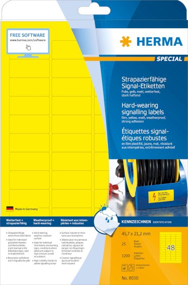 Signal-Etiketten strapazierfähig A4 45,7x21,2 mm, gelb stark haftend Folie matt wetterfest 1200 St.