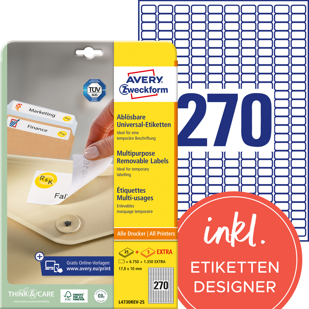 Avery Zweckform L4730REV-25 Universal-Etiketten, 17,8 x 10 mm, 30 Bogen/8.100 Etiketten, weiß