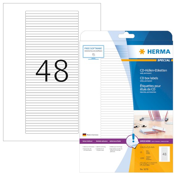Etiketten für CD-Box A4 114,3x5,5 mm weiß Papier, matt 1200 St.