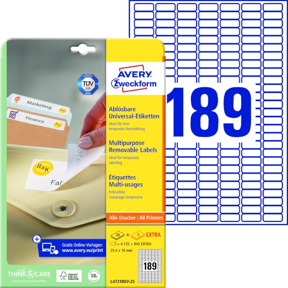 Avery Zweckform L4731REV-25 Universal-Etiketten,, 25,4 x 10 mm, 30 Bogen/5.670 Etiketten, weiß