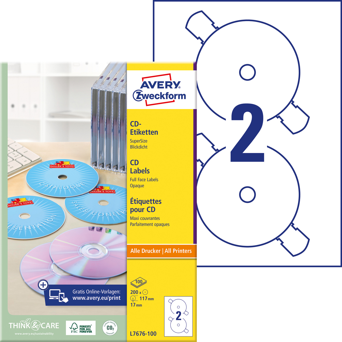 Avery Zweckform L7676-100 CD-Etiketten SuperSize,, Ø 117 mm, CDs, 100 Bogen/200 Etiketten, weiß