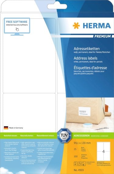 Adressetiketten Premium A4 99,1x139 mm weiß, Papier matt 100 St.