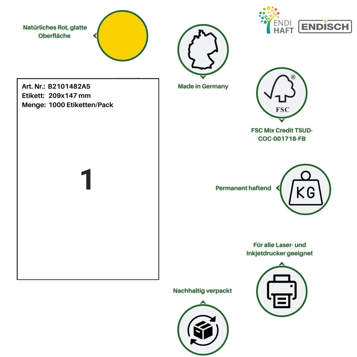 ENDI-HAFT Etiketten, Etikettenbögen DIN A5, gelb, 1000 Etiketten, 1000 Blatt/Pack