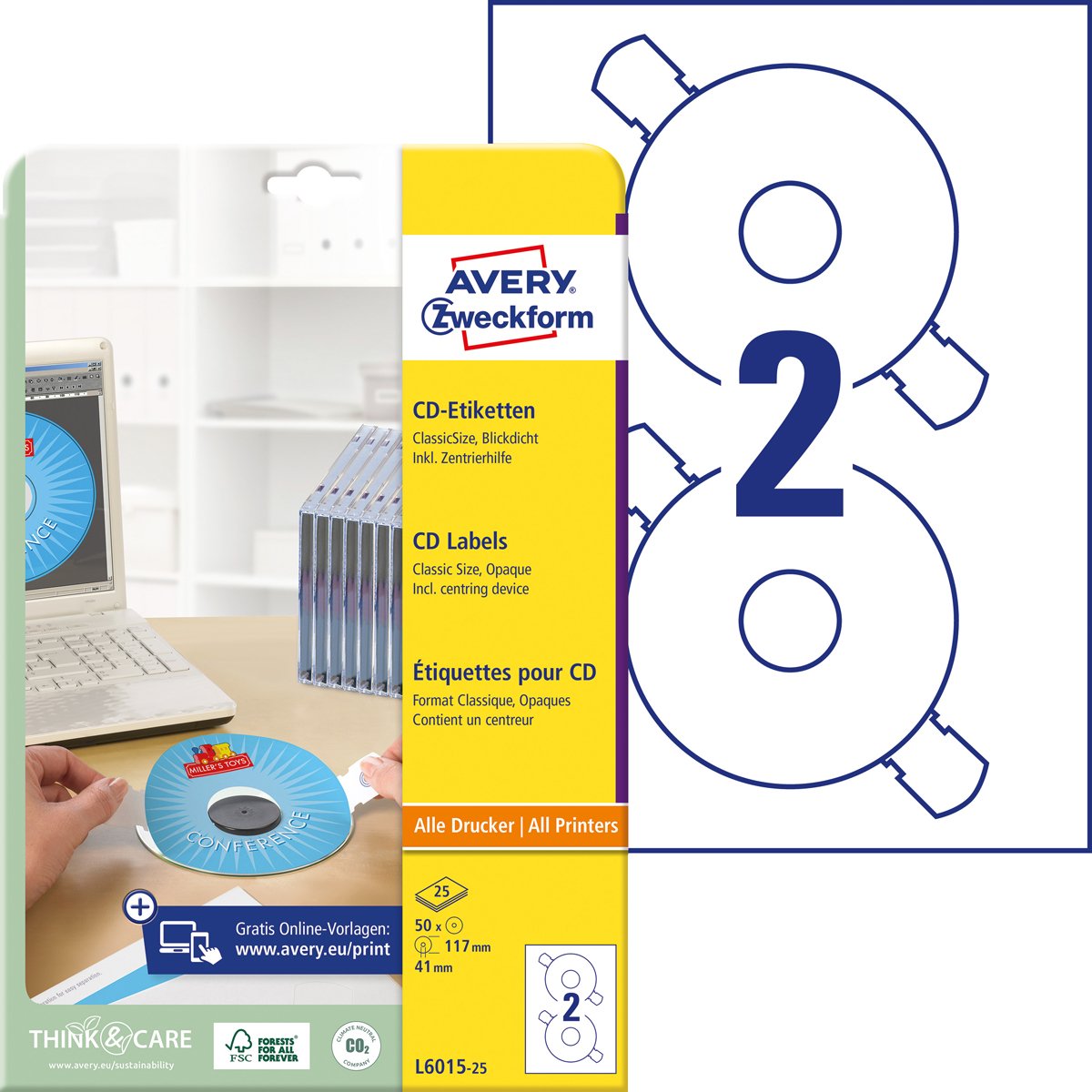 Avery Zweckform L6015-25 CD-Etiketten ClassicSize, , Ø 117 mm, CDs, Zentrierhilfe, 25 Bogen/50