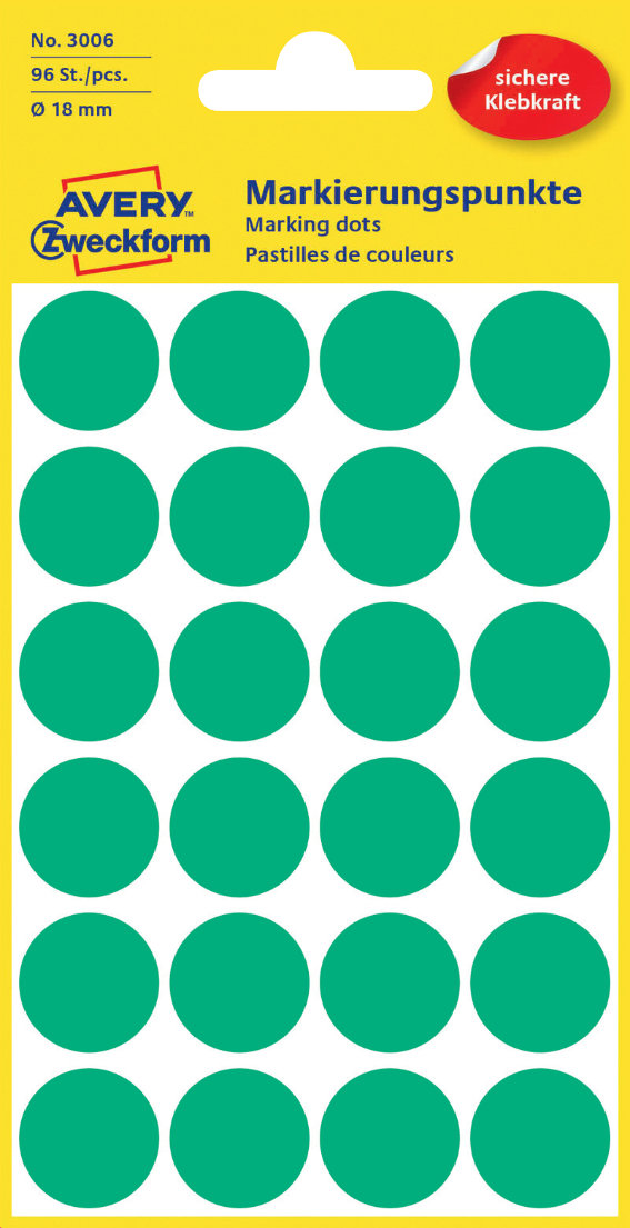 Avery Zweckform 3006 Markierungspunkte, Ø 18 mm,, 4 Bogen/96 Etiketten, grün