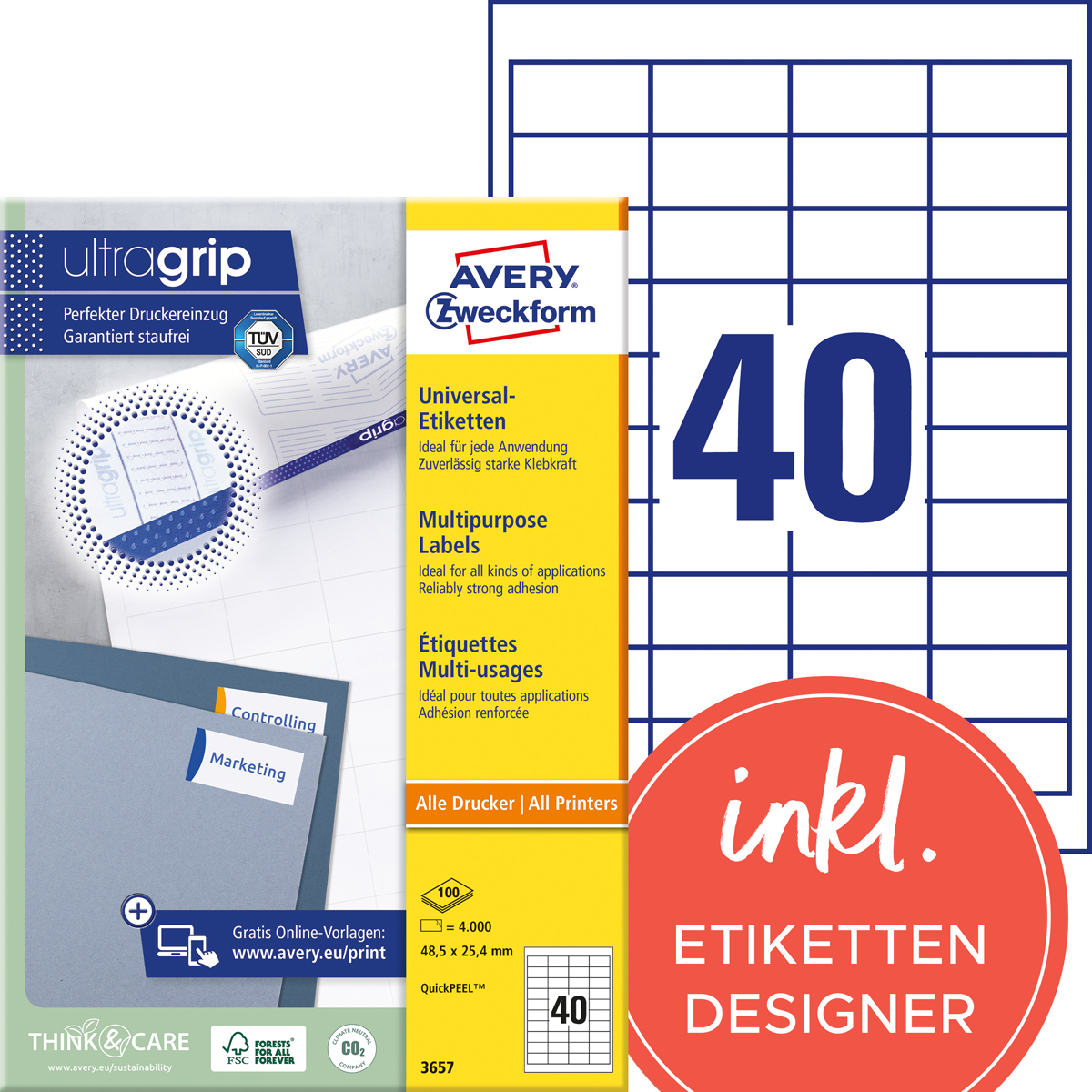 Avery Zweckform 3657 Universal-Etiketten, 48,5 x 25,4 mm, 4.000 Etiketten / 100 Bogen, weiß