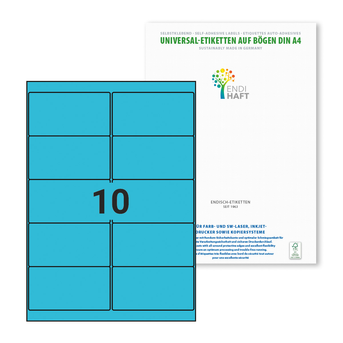 ENDI-HAFT Etiketten, 101,6x54 mm, blau, 500 Etiketten, 50 Blatt A4/Pack