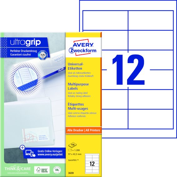Avery Zweckform 3659 Universal-Etiketten, 97 x 42, ,3 mm, 1.200 Etiketten / 100 Bogen, weiß