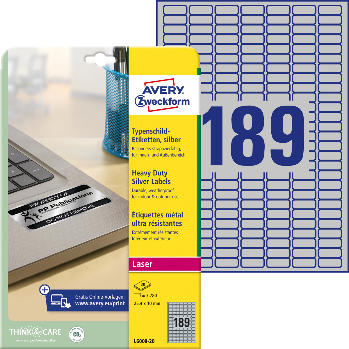 Avery Zweckform L6008-20 Typenschild-Etiketten,, 25,4 x 10 mm, 20 Bogen/3.780 Etiketten, silber