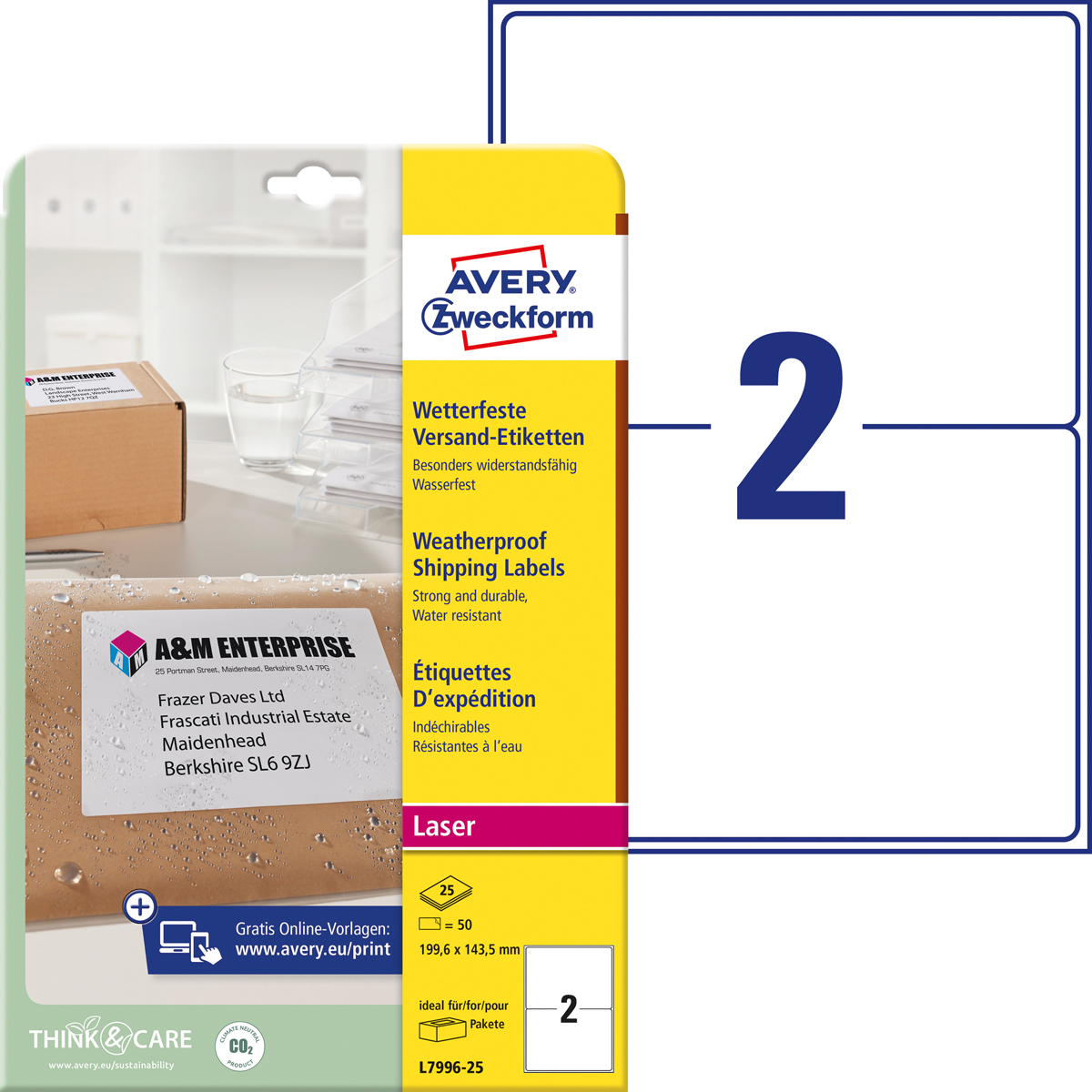 Avery Zweckform L7996-25 Versandetiketten, 199,6, x 143,5 mm, Pakete und Päckchen, 25 Bogen/50
