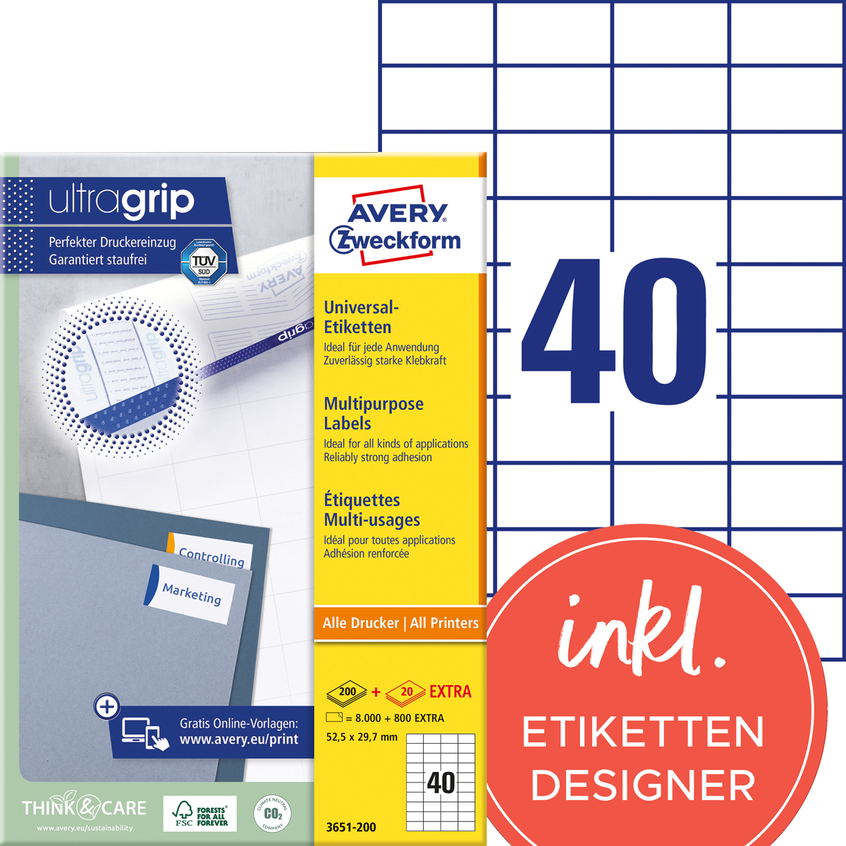 Avery Zweckform 3651-200 Universal-Etiketten, 52,5 x 29,7 mm, 8.800 Etiketten / 220 Bogen, weiß