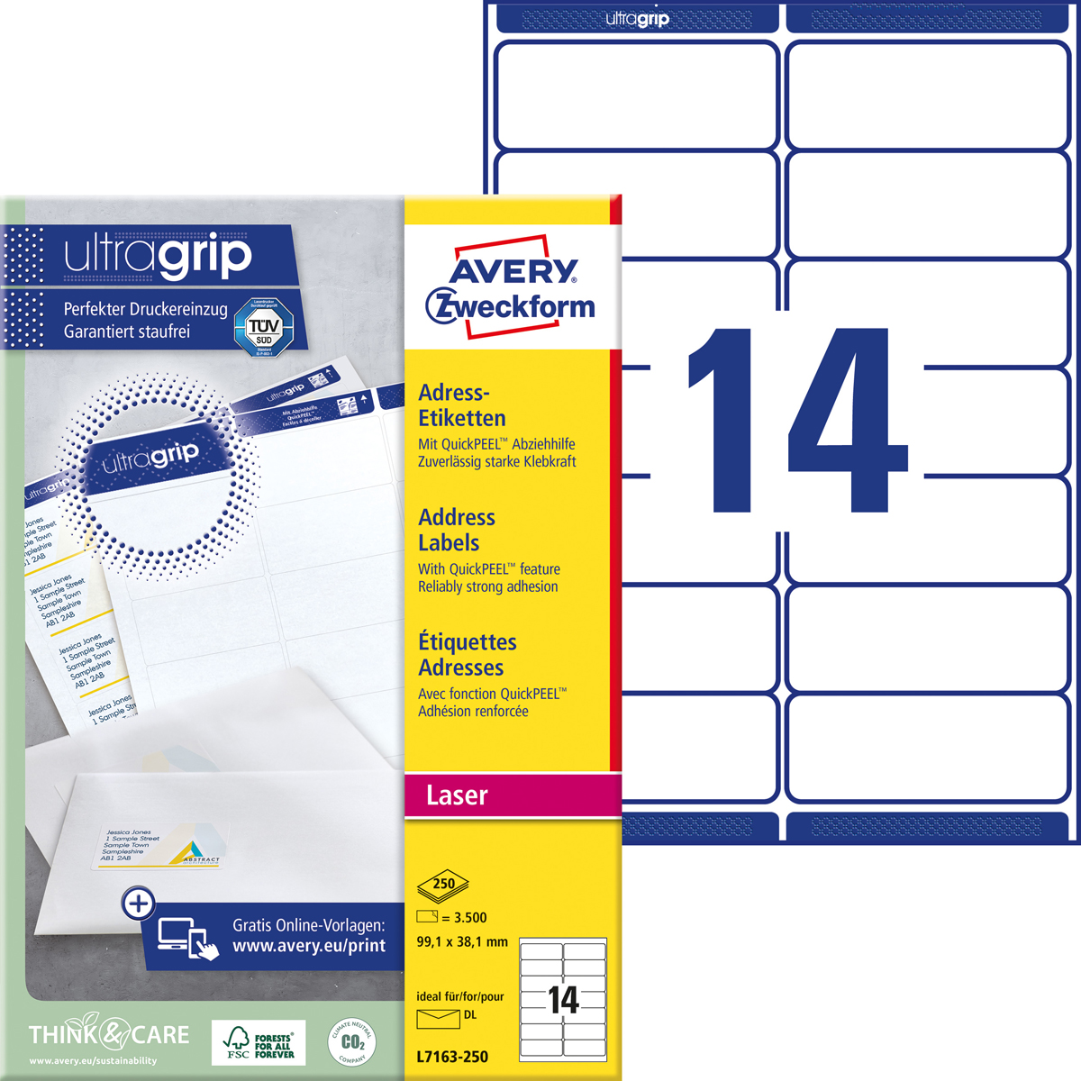 Avery Zweckform L7163-250 Adress-Etiketten, 99,1, x 38,1 mm, 3.500 Etiketten / 250 Bogen, weiß