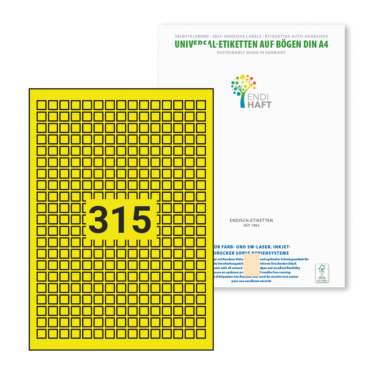 ENDI-HAFT Etiketten, 10x10 mm, leucht-gelb, 15750 Etiketten, 50 Blatt A4/Pack