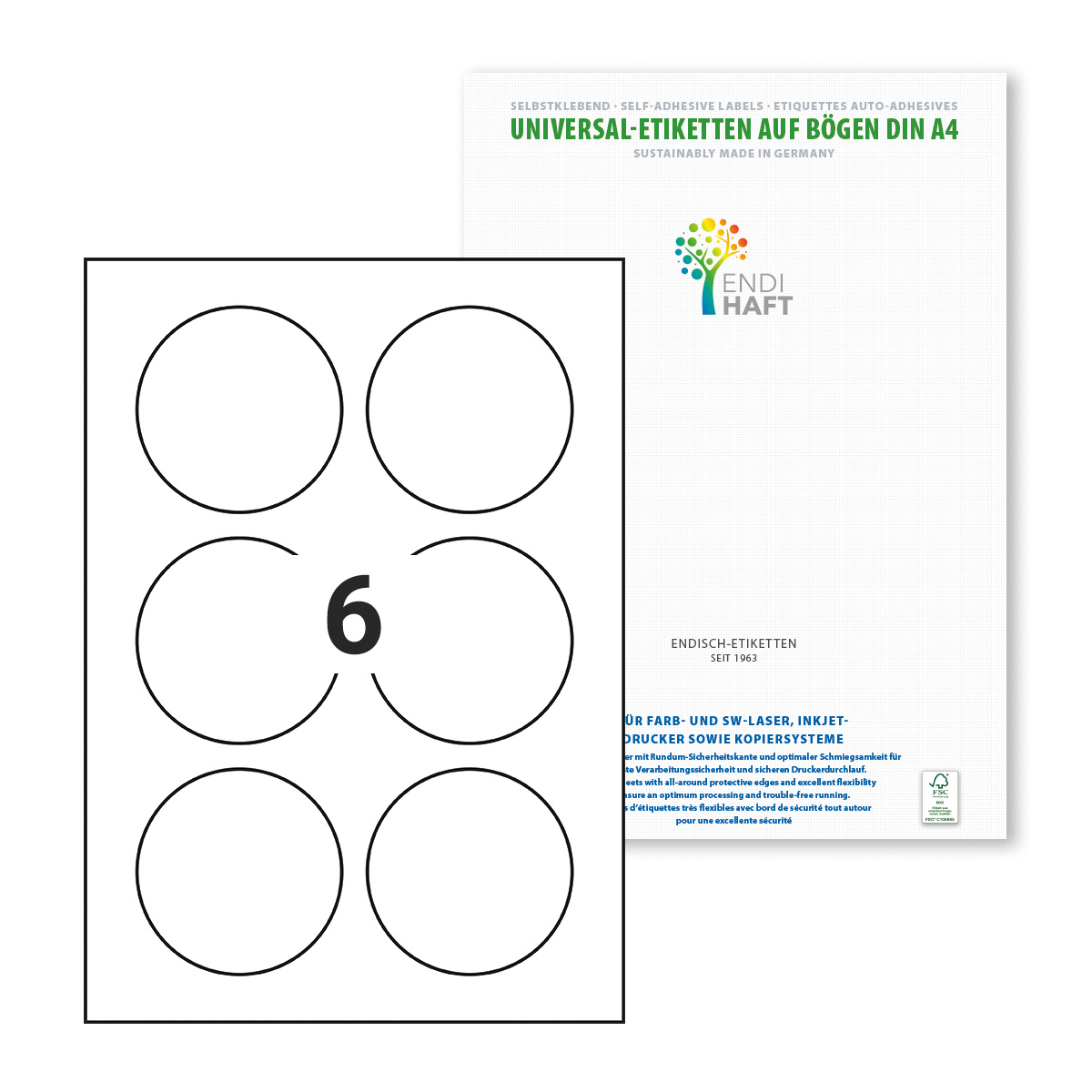 ENDI-HAFT Etiketten, 80 mm rund, weiß, 600 Etiketten, 100 Blatt A4/Pack
