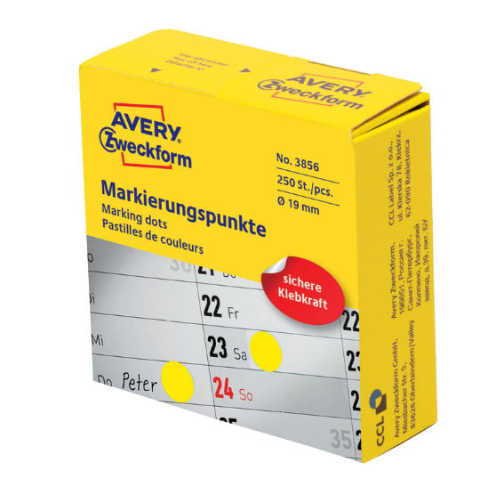 Avery Zweckform 3856 Markierungspunkte, Ø 19 mm,, 1 Rolle/250 Etiketten, gelb