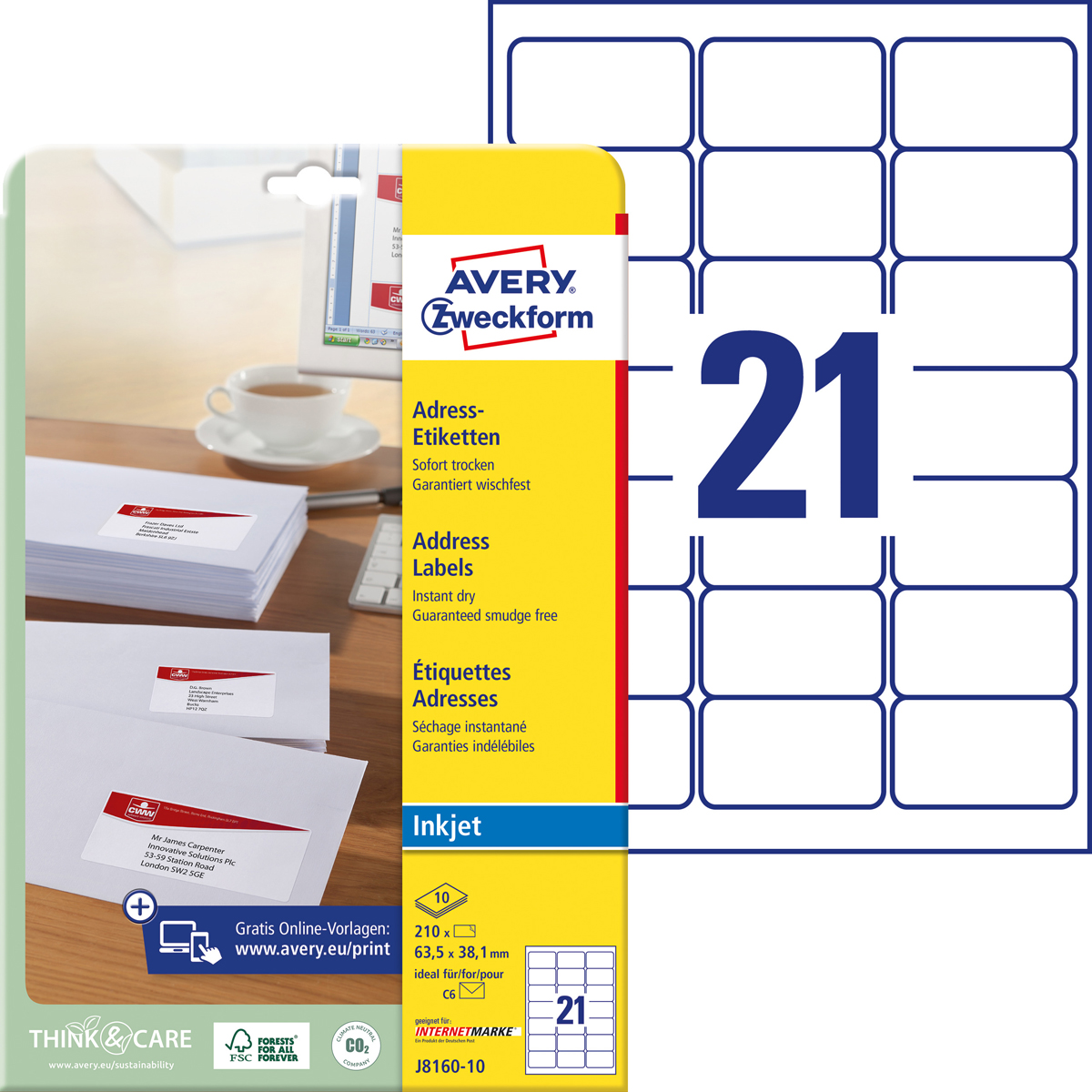 Avery Zweckform J8160-10 Adress-Etiketten, 63,5 x, 38,1 mm, C6 Kuverts, Deutsche Post INTERNETMARKE,