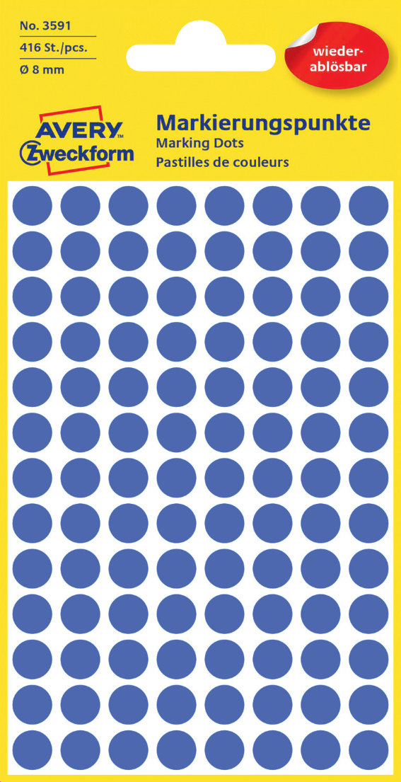 Avery Zweckform 3591 Markierungspunkte, Ø 8 mm, 4, Bogen/416 Etiketten, blau
