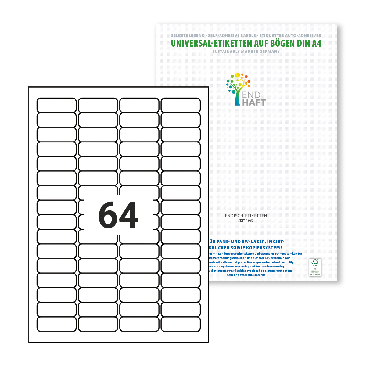 ENDI-HAFT Etiketten, 45,7x16,9 mm, weiß, 6400 Etiketten, 100 Blatt A4/Pack