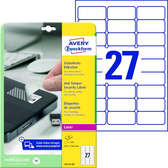 Avery Zweckform L6114-20 Sicherheits-Etiketten,, 63,5 x 29,6 mm, 20 Bogen/540 Etiketten, weiß