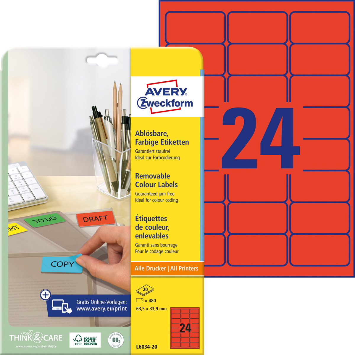 Avery Zweckform L6034-20 Farbige Etiketten, 63,5, x 33,9 mm, 20 Bogen/480 Etiketten, rot