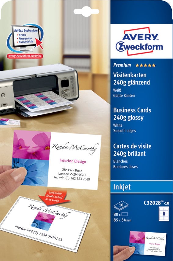 Avery Zweckform C32028-10 Premium Visitenkarten,, 85 x 54 mm, beidseitig beschichtet, 80 Karten /