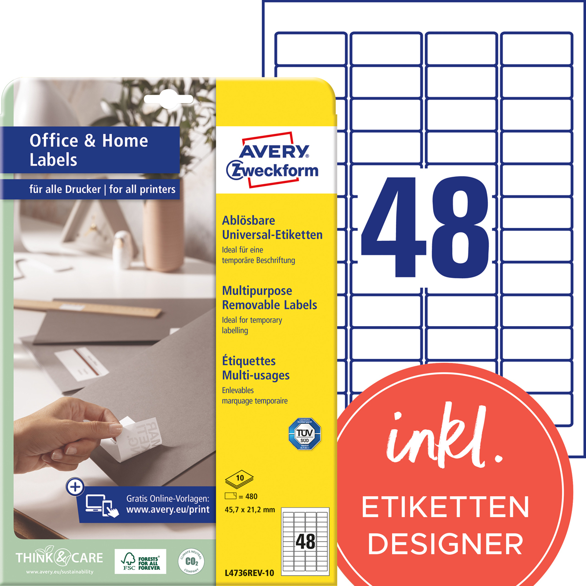Avery Zweckform L4736REV-10 Universal-Etiketten, 45,7 x 21,2 mm, 10 Bogen/480 Etiketten, weiß